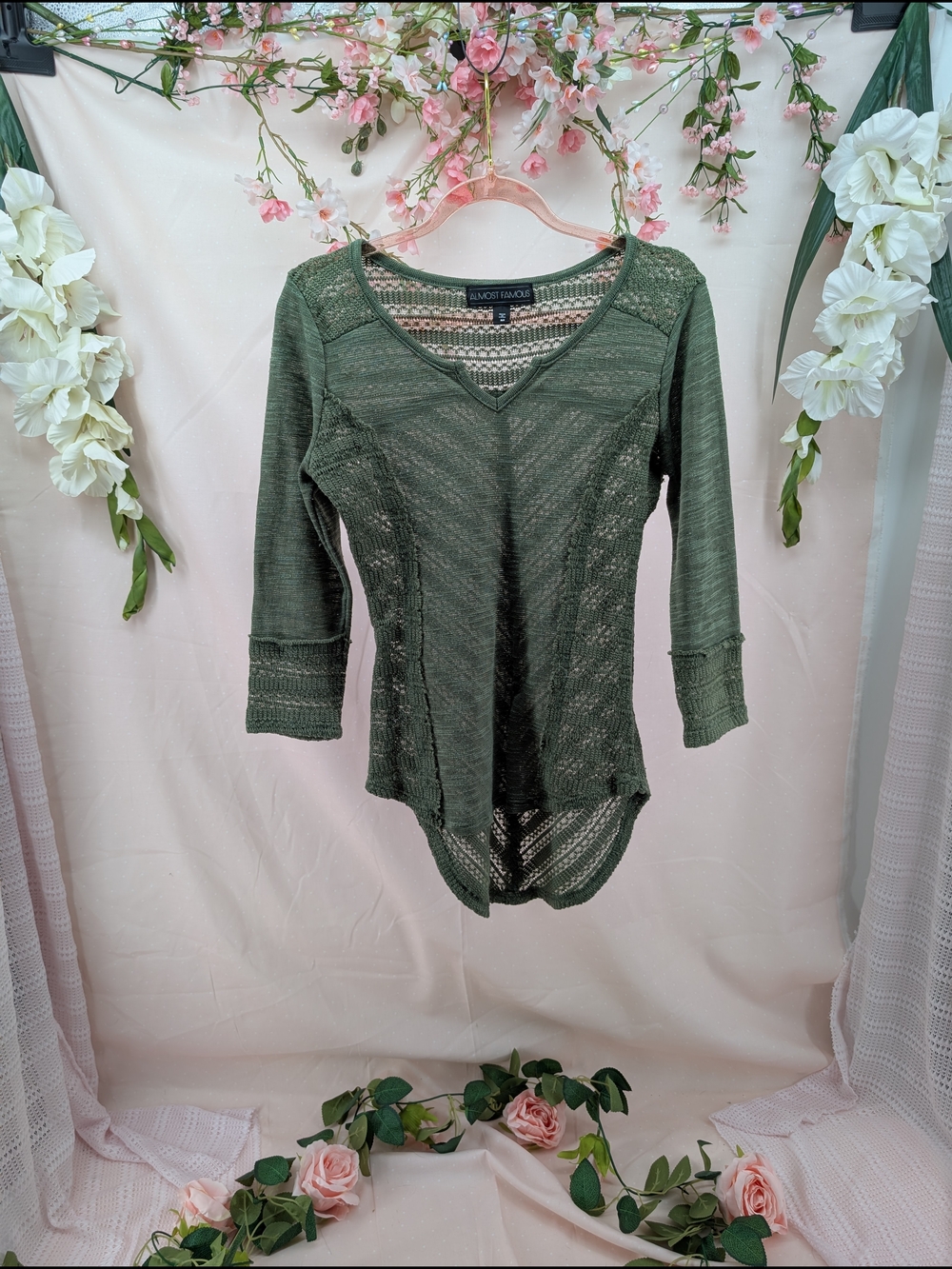 Almost Famous Olive Green Crochet V-Neck Tunic